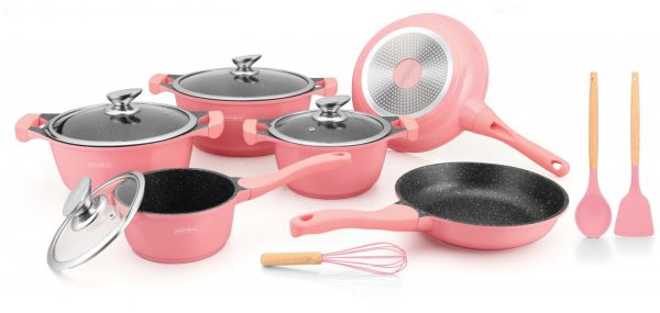 Royalty Line RL-BS1010M: 13 Pieces Ceramic Coated Cookware Set Pink