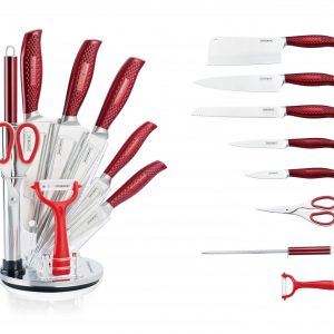 Royalty Line RL-KSS530: 9 Piece Knife Set Block with Rotating Holder - Red