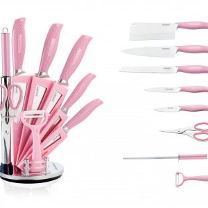 Royalty Line RL-KSS540: 9 Piece Knife Set Block with Rotating Holder - Pink